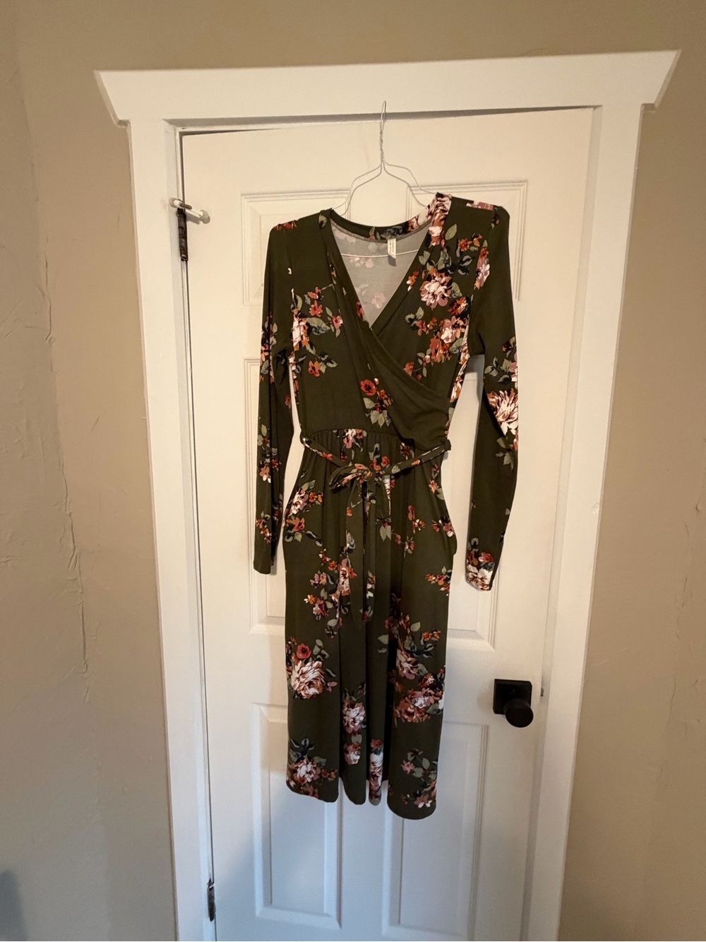 Women's Olive Green Floral Faux Wrap Dress